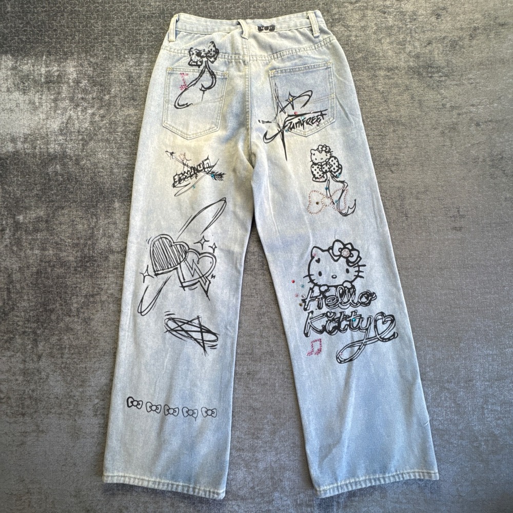 Vintage Hello Kitty Graffiti Rhinestone Wide Leg Jeans Womens 43 Blue Light Wash - Picture 2 of 11